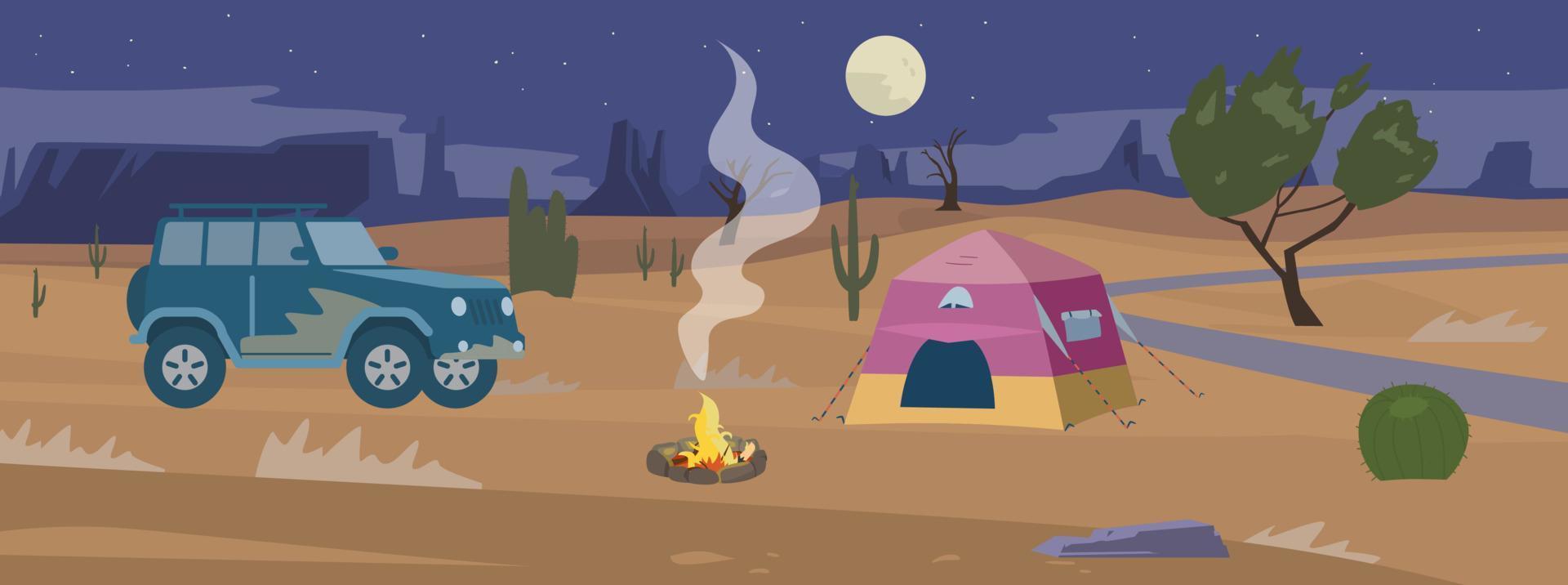 Desert night camp panorama flat vector illustration. Tent and off road car near campfire.