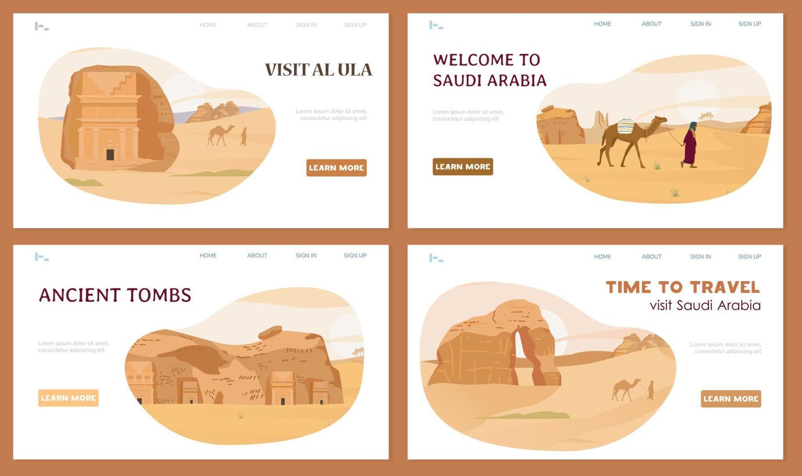 Travel To Saudi Arabia Set Of Website Templates With Desert Landscapes, Al Ula Tombs, Camels And Beduin. Vector Illustration.