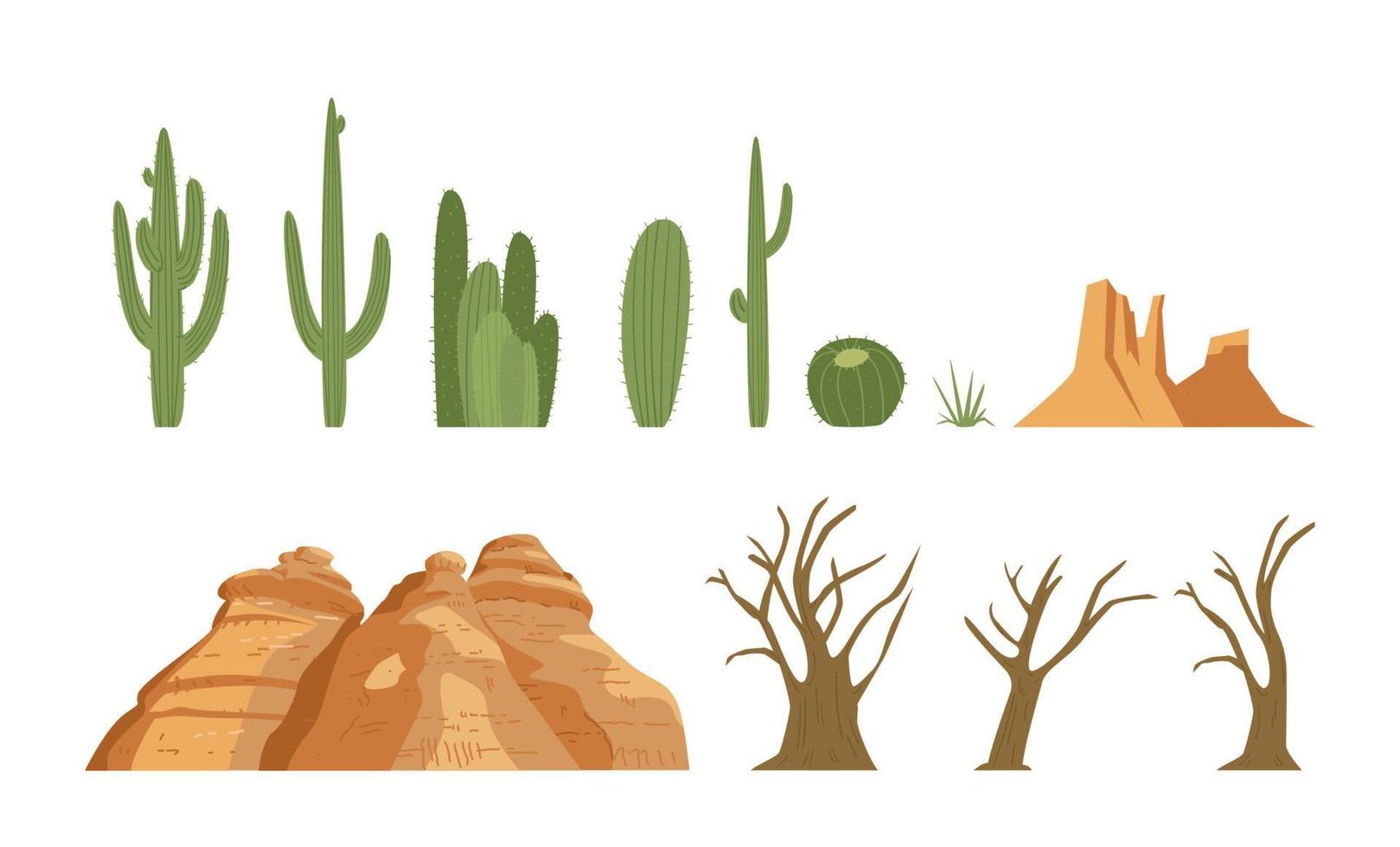 colección de vectores de elementos del paisaje del desierto cactus, árboles secos, rocas de arena. aislado en blanco