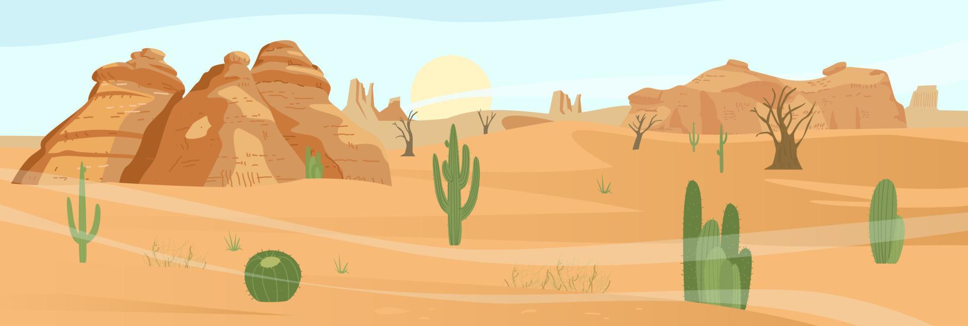 paisaje desértico con cactus y rocas de arena. ilustración vectorial plana. vector