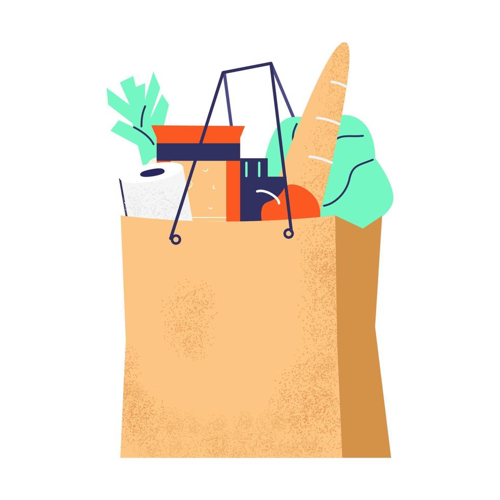 bolsa de papel con comestibles. papel higiénico, baguette, verduras, leche, queso. aislado en blanco ilustración vectorial plana. vector