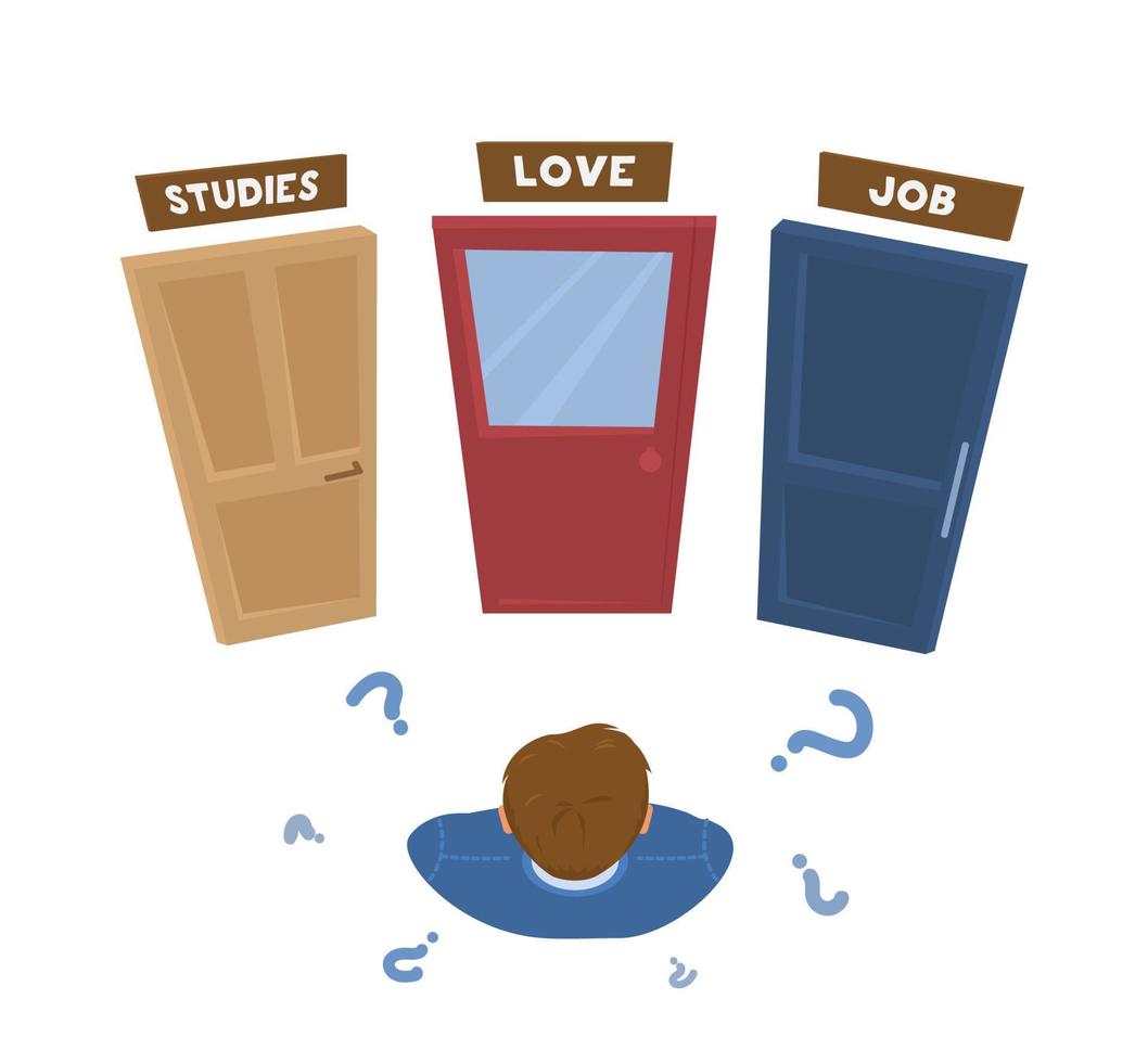Young man makes life choices. Man standing in front of the doors with signs. Decision making concept. Cartoon vector illustration.