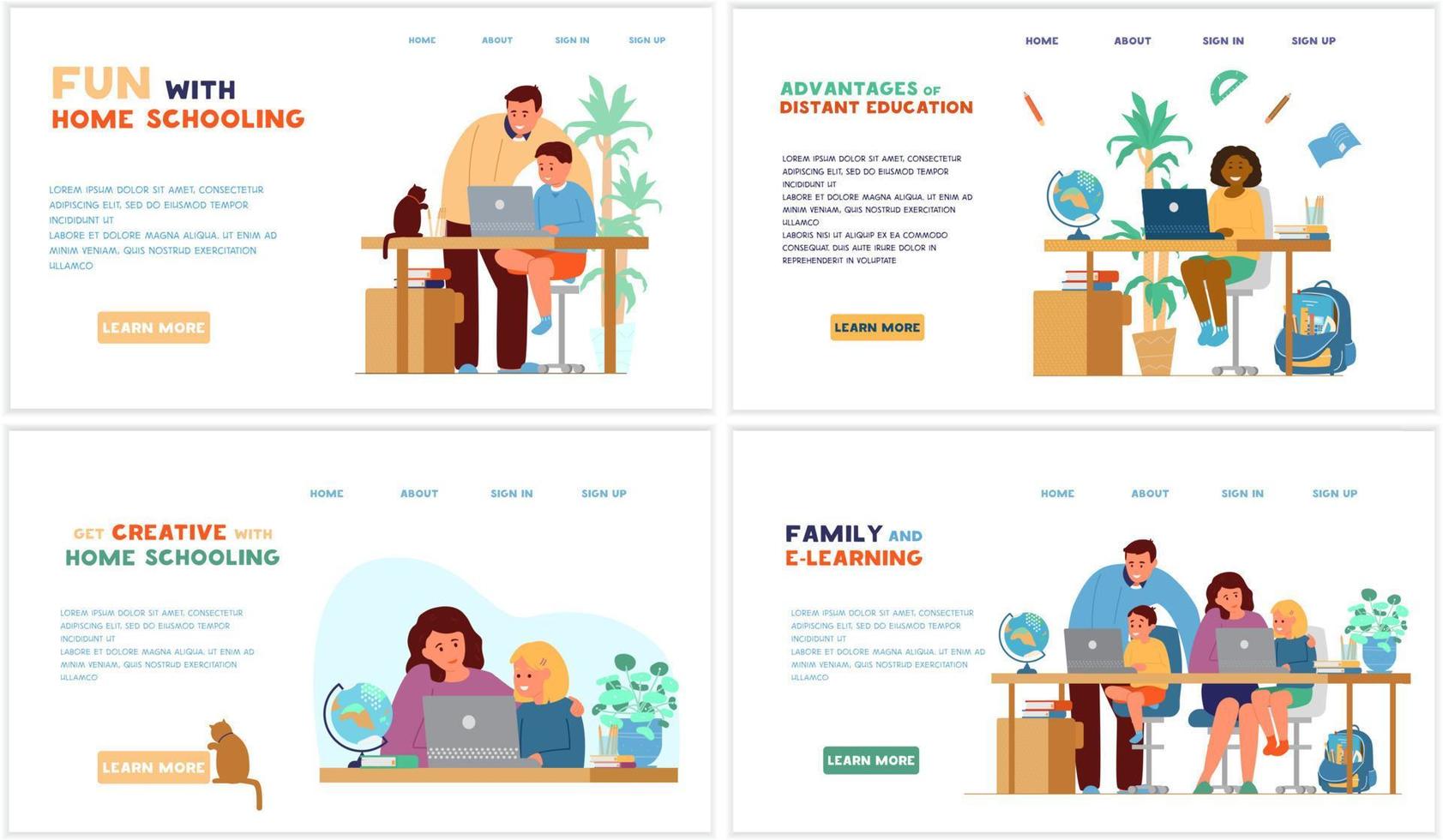 Homeschooling or online education website template set. Kid seats at table with laptops with parent or tutor and learning at home. Vector design.