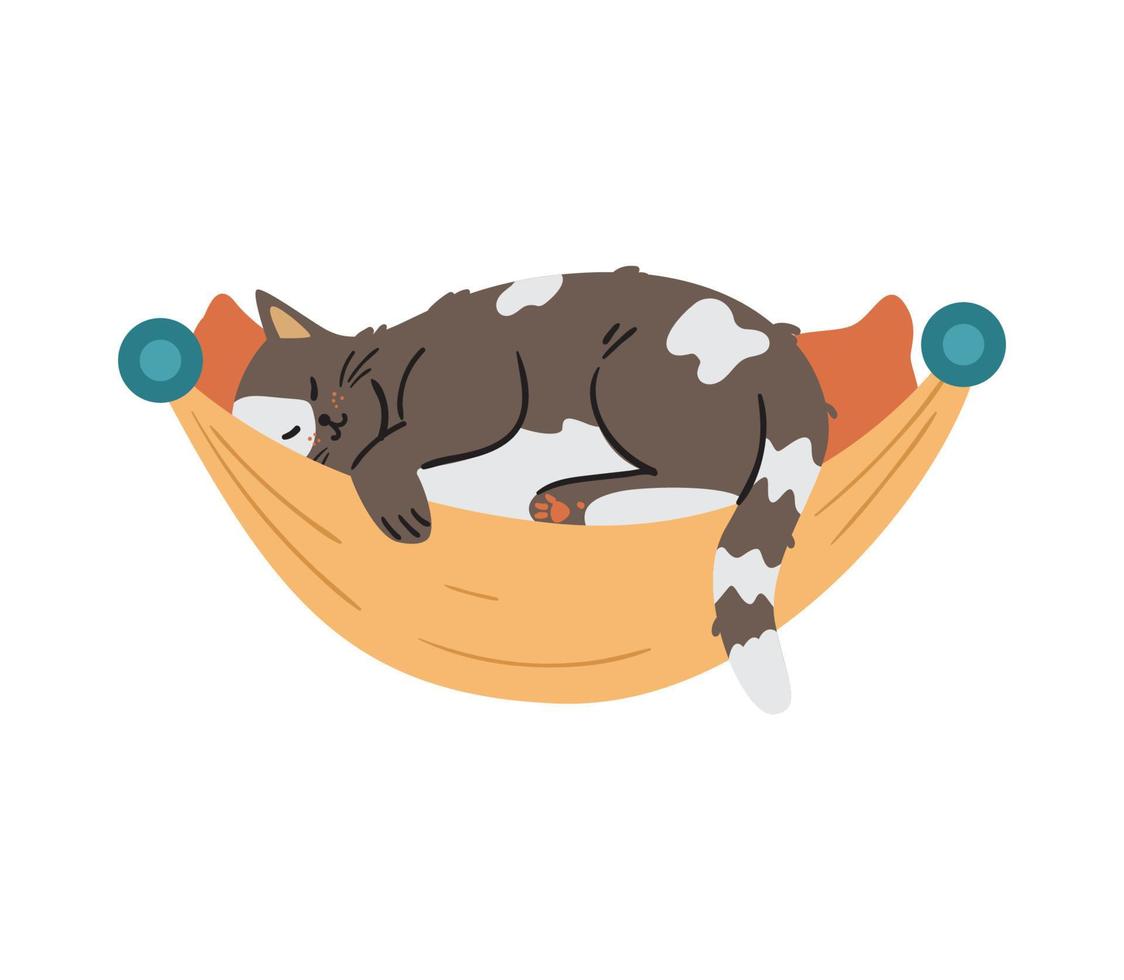 Cute spotted cat laying in hammock flat vector illustration. Isolated on white.