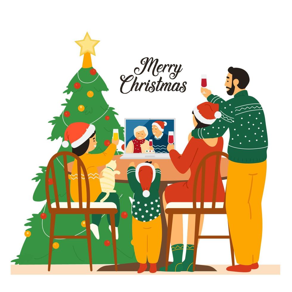 familia con sombreros de santa celebrando la navidad con los abuelos mediante videoconferencia. fiesta navideña en línea durante covid-19. ilustración vectorial plana. vector