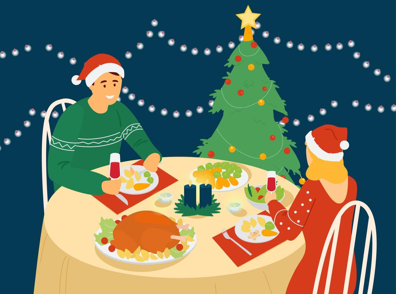 pareja celebrando año nuevo o navidad sentados a la mesa con comida navideña. ilustración vectorial vector