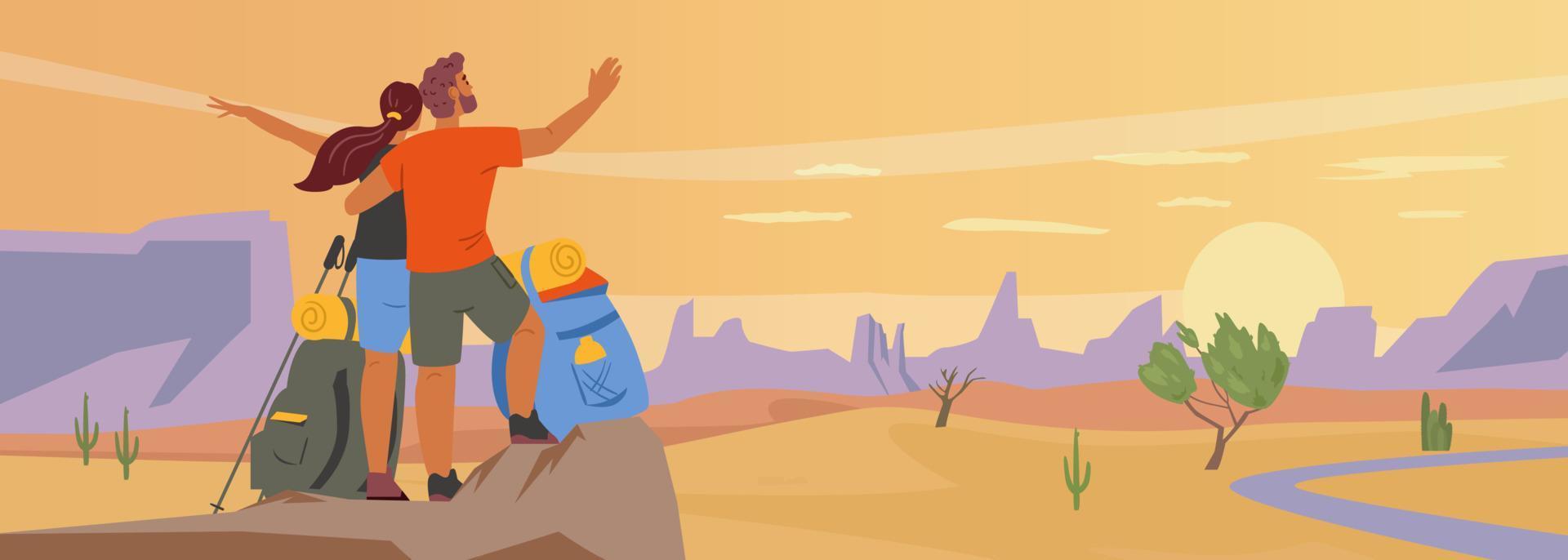 pareja de pie en la cima de la roca de arena en un desierto viendo la puesta de sol. ilustración de vector de turismo desértico.