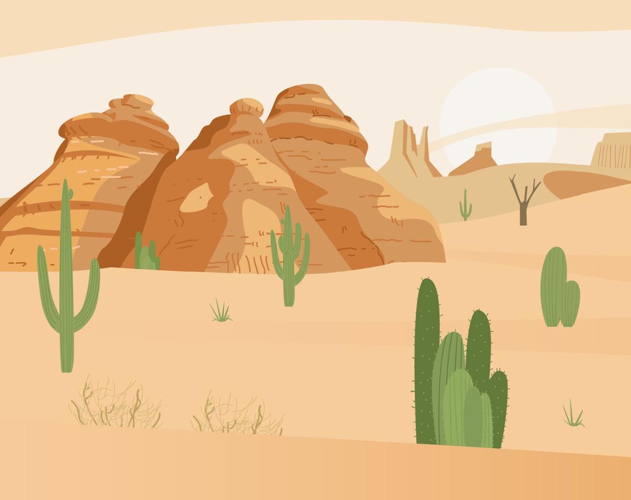 Desert landscape with cactus and sand rocks. Flat Vector Illustration.