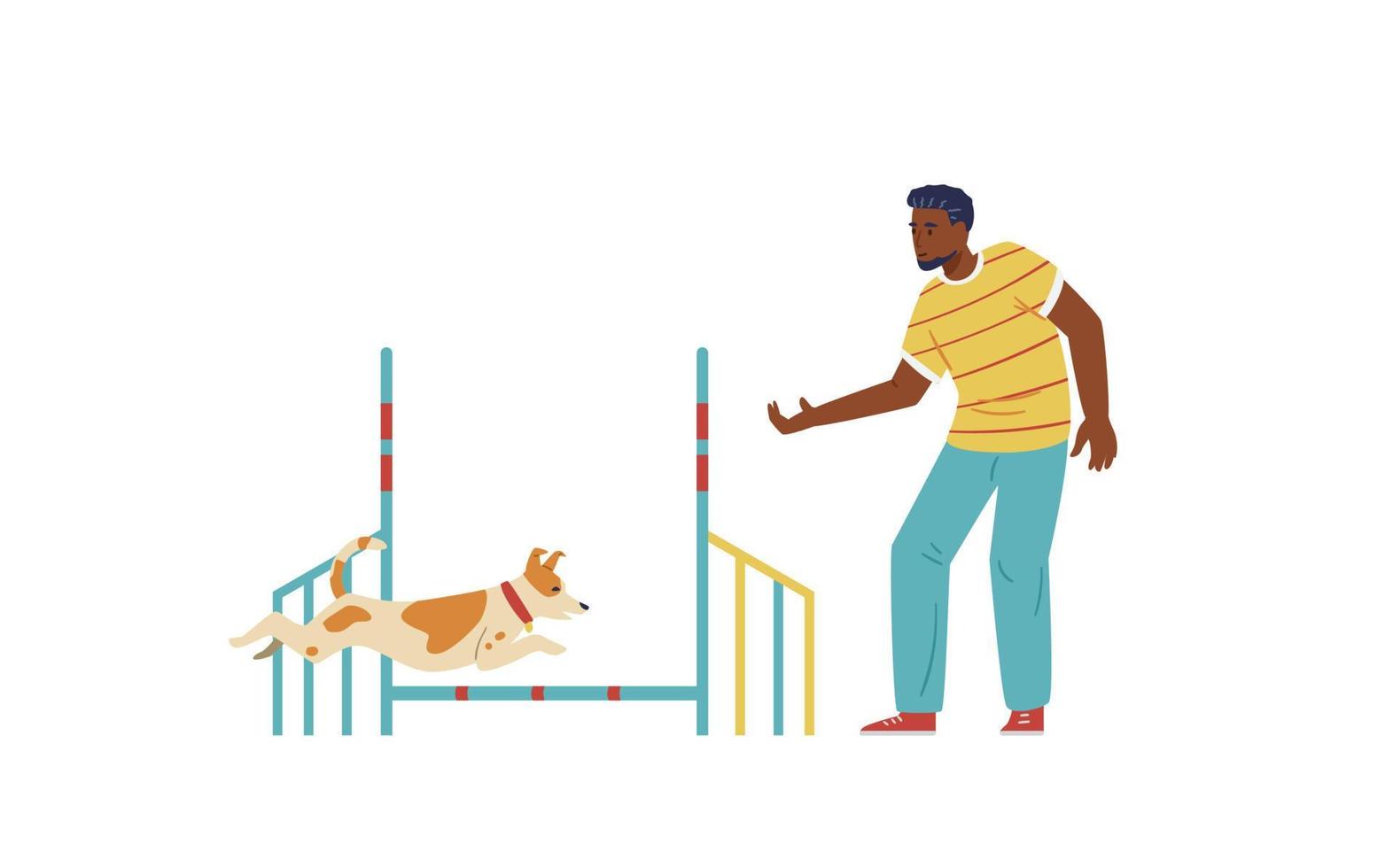 African american man training his Jack Russell Terrier dog on agility field. Dog jumping on agility course. Isolated. vector