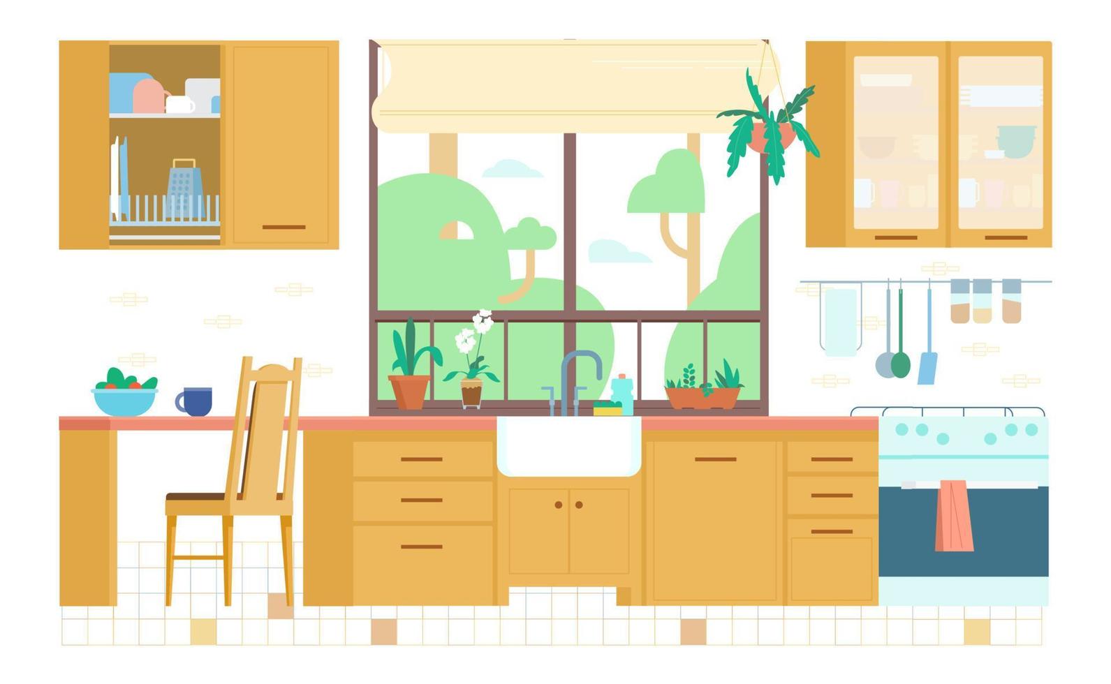 Kitchen Interior Flat Vector Illustration. Wooden Furniture, Window, Plants, Stove, Utensils, Shelfs, Sink, Plate Rack.