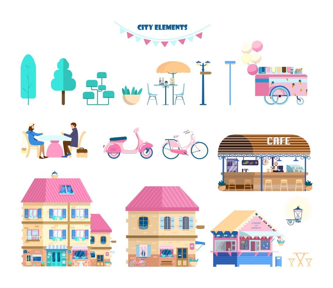 Vector set of city elements in flat cartoon style. Houses, coffehouse, couple in a cafe, street food shop, icecream cart, scooter, bicycle, street lights, trees.