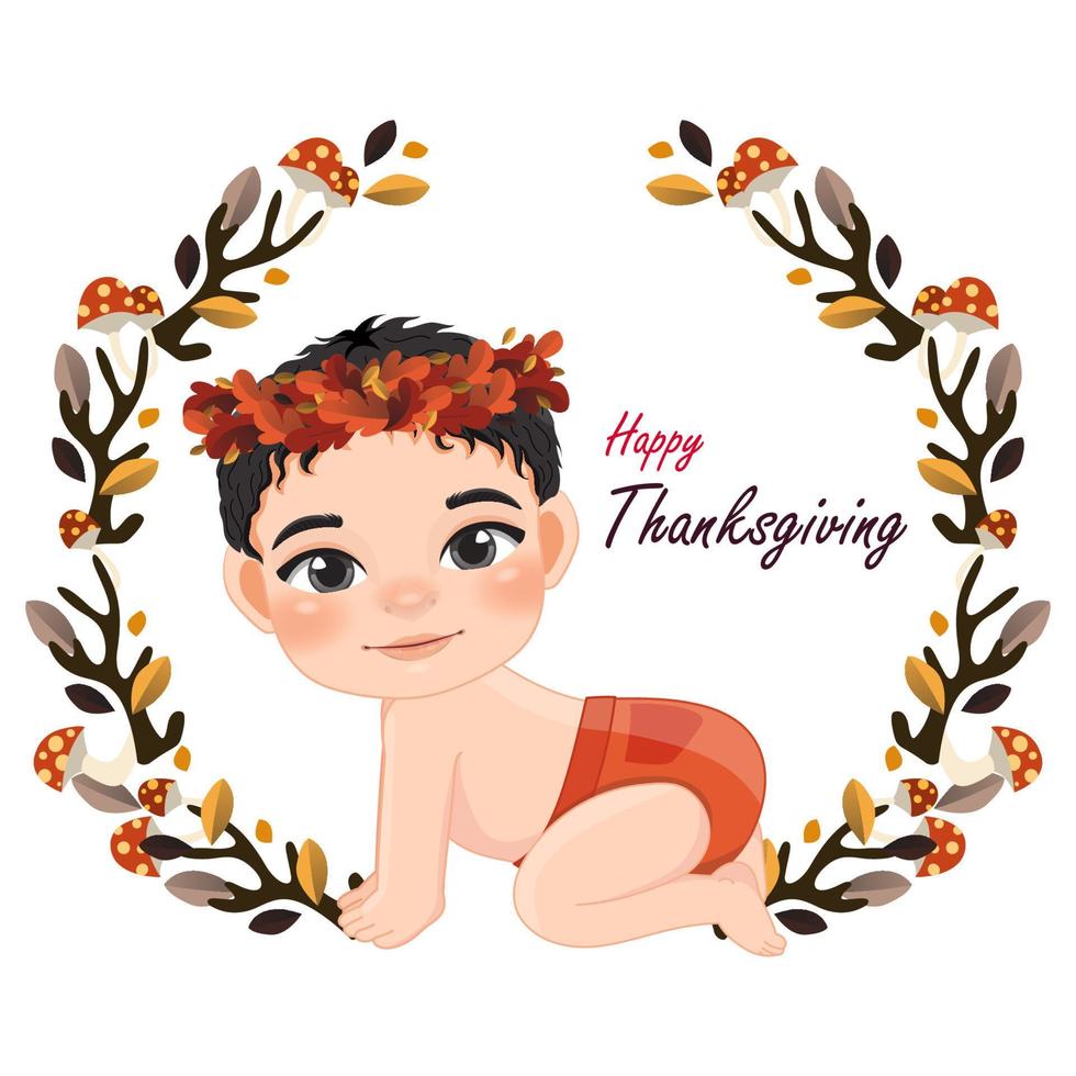 Cute baby boy crawling in colorful flat style with mushrooms on dry autumn branches. Baby shower concept in Autumn season vector