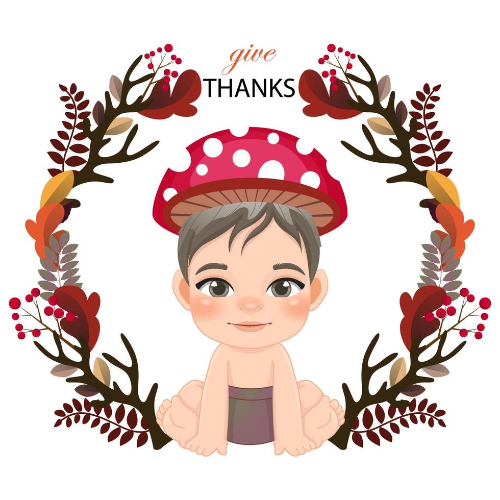 Cute baby boy sitting in colorful flat style with autumn wreath. Baby shower concept in Autumn season vector