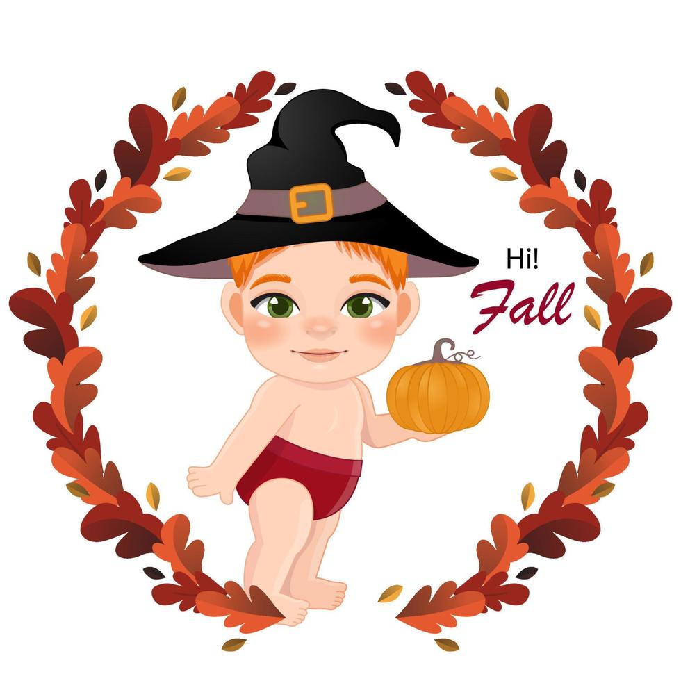 Cute Wizard baby boy holding pumpkin in colorful flat style with wreath from autumn leaves. Baby shower concept in Autumn season vector