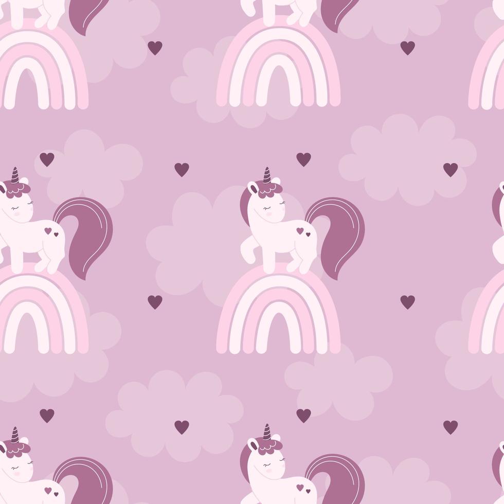 Seamless pattern with cute fairy unicorns, clouds, stars. Decor for a nursery, packaging, wallpaper, print for clothes. Vector illustration in flat style, child character