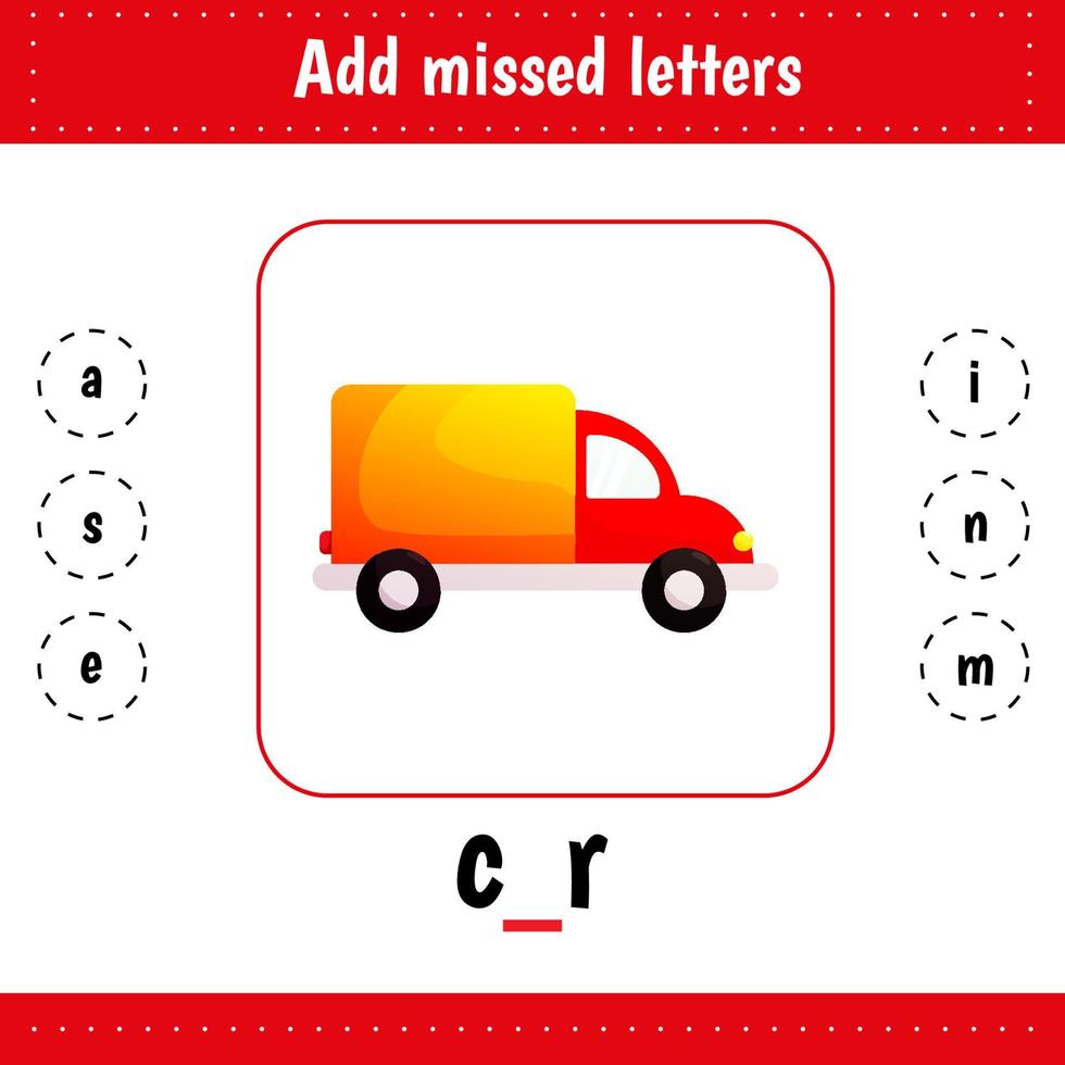 dd missed letters. Educational worksheet. Learning English words. Car vector