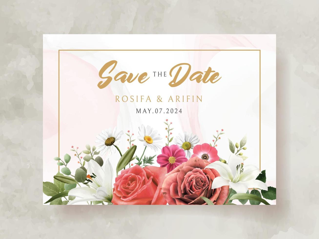 wedding invitation card with illustration of lily and roses watercolor vector