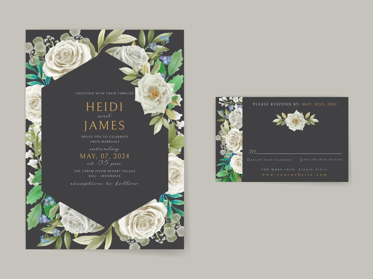 Elegant wedding invitation white flowers design vector