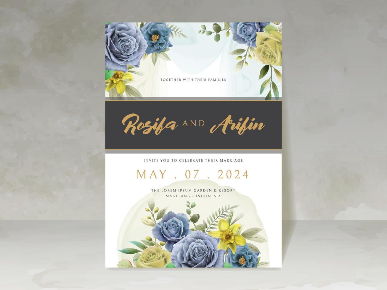 tarjeta de invitación de boda elegante con flores azules y amarillas vector