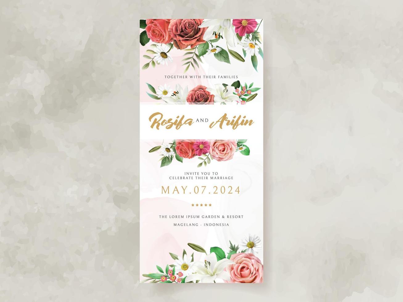 wedding invitation card with illustration of lily and roses watercolor vector