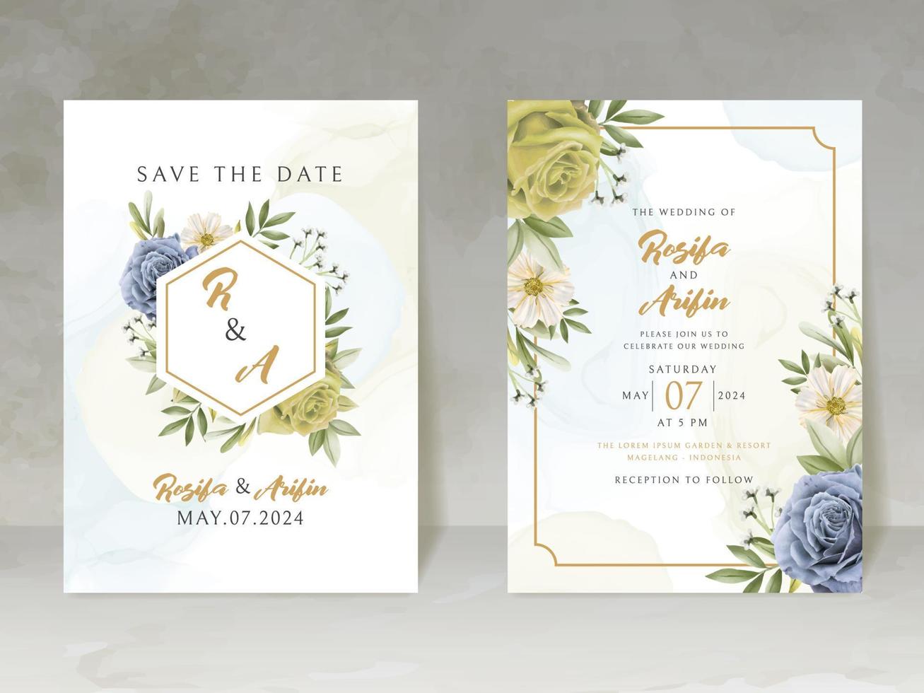 elegant wedding invitation card with blue and yellow flowers vector