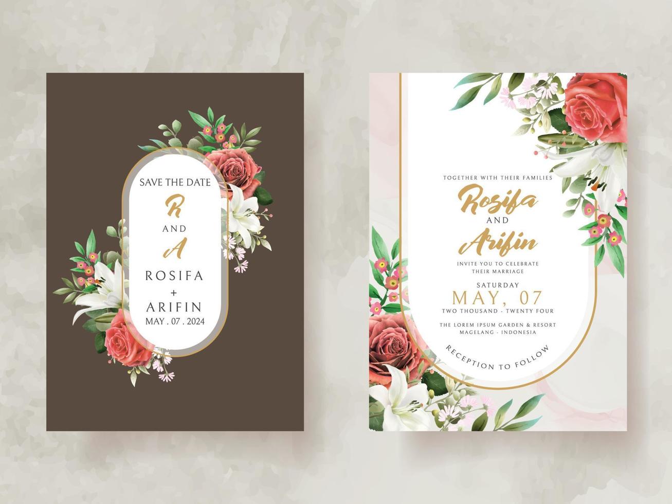 wedding invitation card with illustration of lily and roses watercolor vector