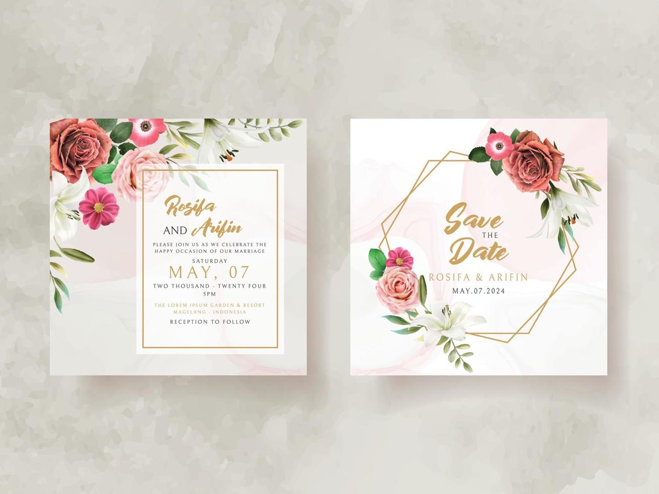 tarjeta de invitación de boda con ilustración de acuarela de lirio y rosas vector