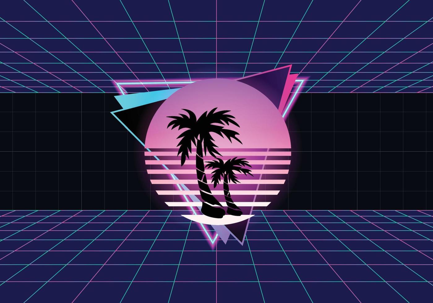 Retro with pink sun and coconut trees vector