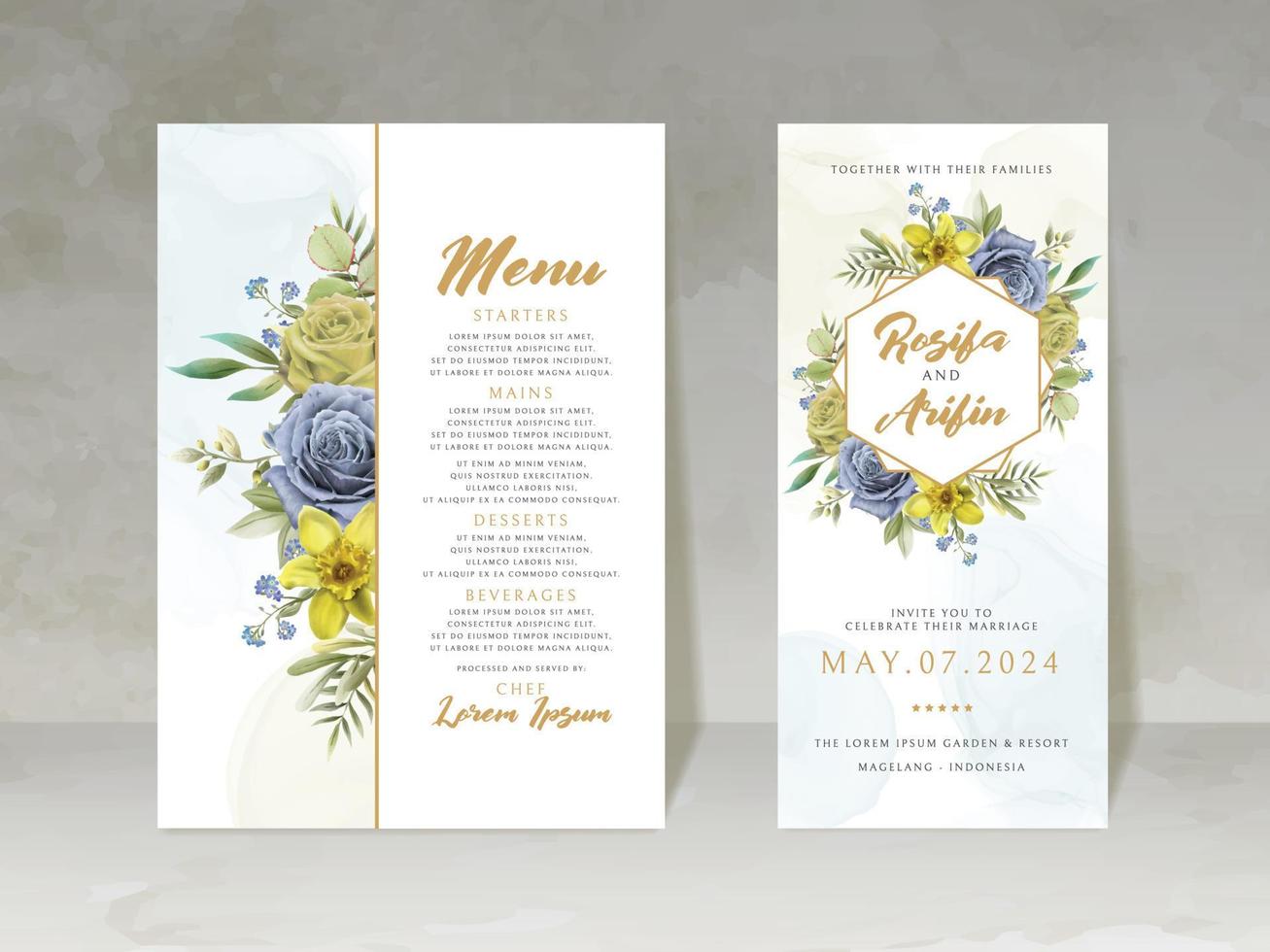 elegant wedding invitation card with blue and yellow flowers vector