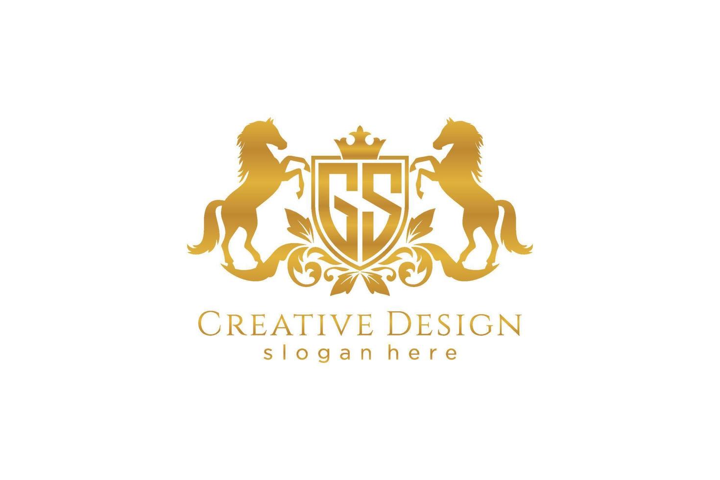 initial GS Retro golden crest with shield and two horses, badge template with scrolls and royal crown - perfect for luxurious branding projects vector