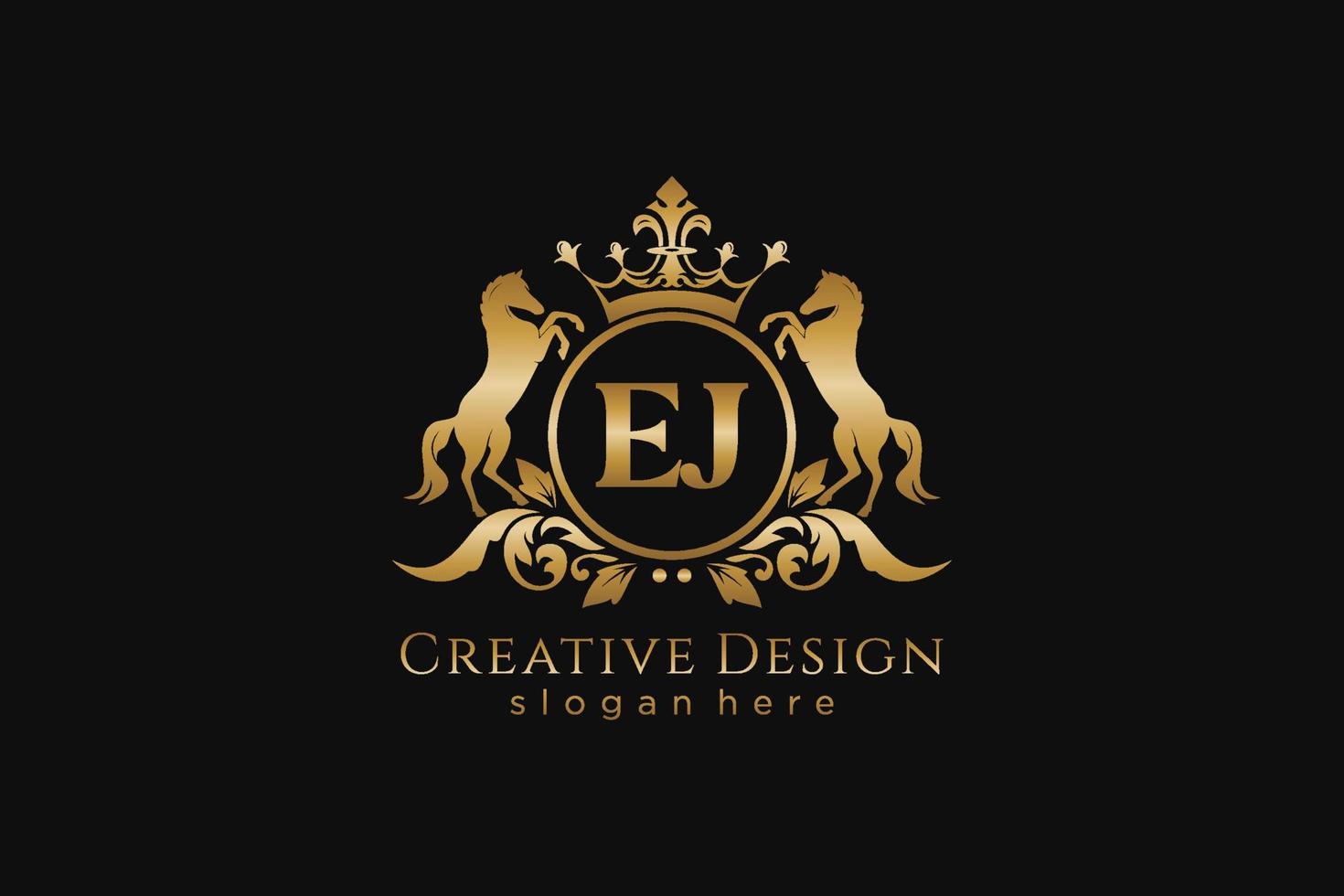 initial EJ Retro golden crest with circle and two horses, badge template with scrolls and royal crown - perfect for luxurious branding projects vector