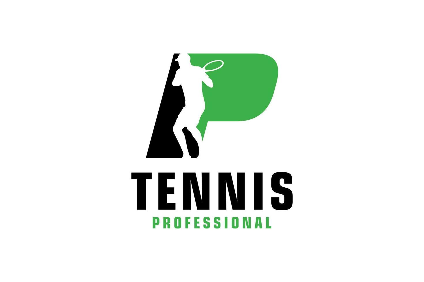 letra p con diseño de logotipo de silueta de jugador de tenis. elementos de plantilla de diseño vectorial para equipo deportivo o identidad corporativa. vector