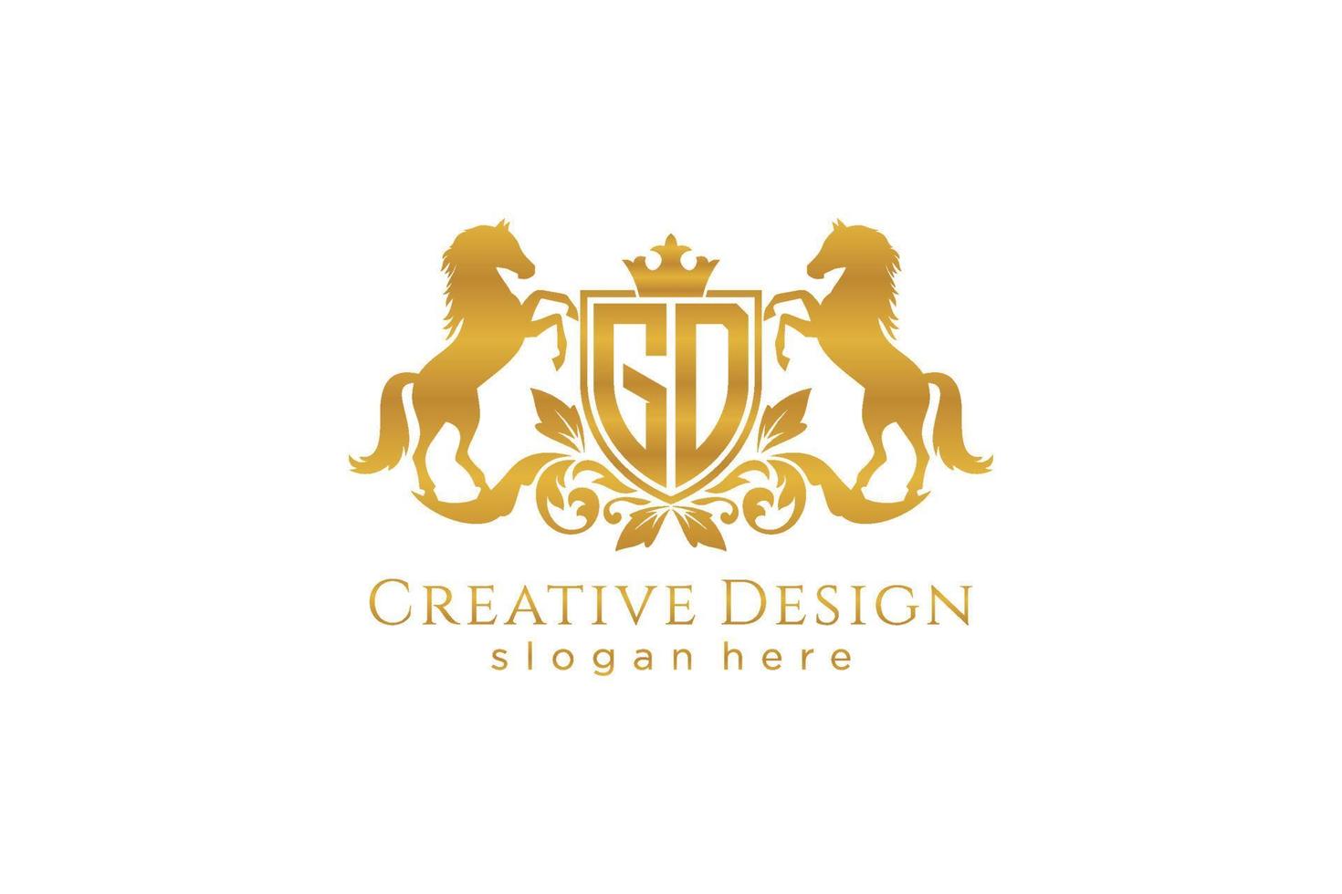 initial GD Retro golden crest with shield and two horses, badge template with scrolls and royal crown - perfect for luxurious branding projects vector