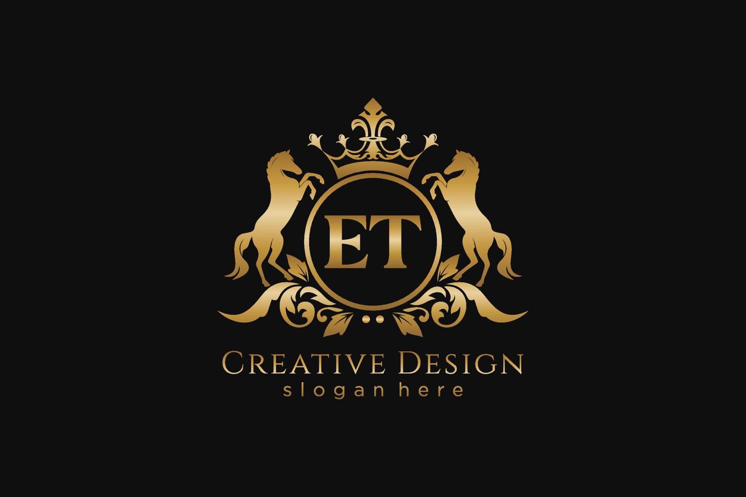 initial ET Retro golden crest with circle and two horses, badge template with scrolls and royal crown - perfect for luxurious branding projects vector