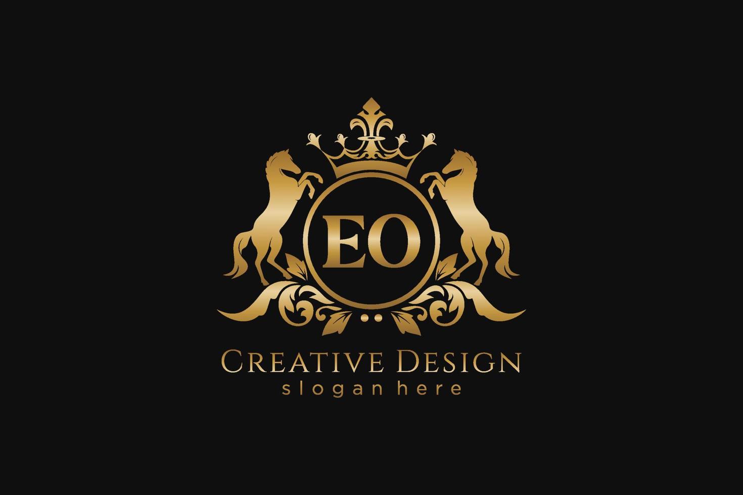 initial EO Retro golden crest with circle and two horses, badge template with scrolls and royal crown - perfect for luxurious branding projects vector