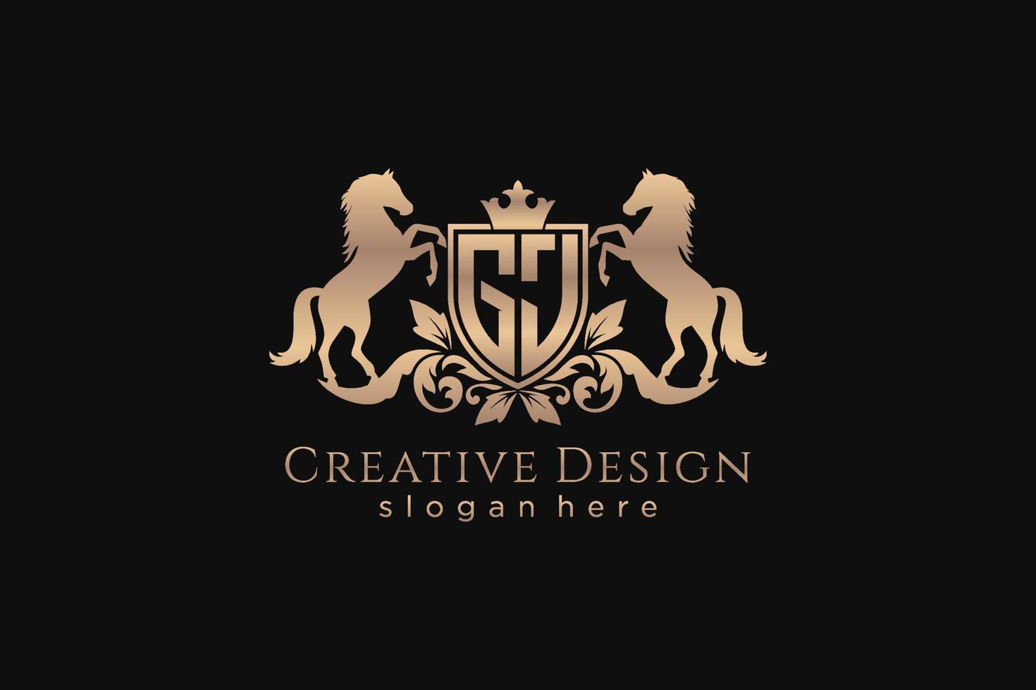 initial GJ Retro golden crest with shield and two horses, badge template with scrolls and royal crown - perfect for luxurious branding projects vector