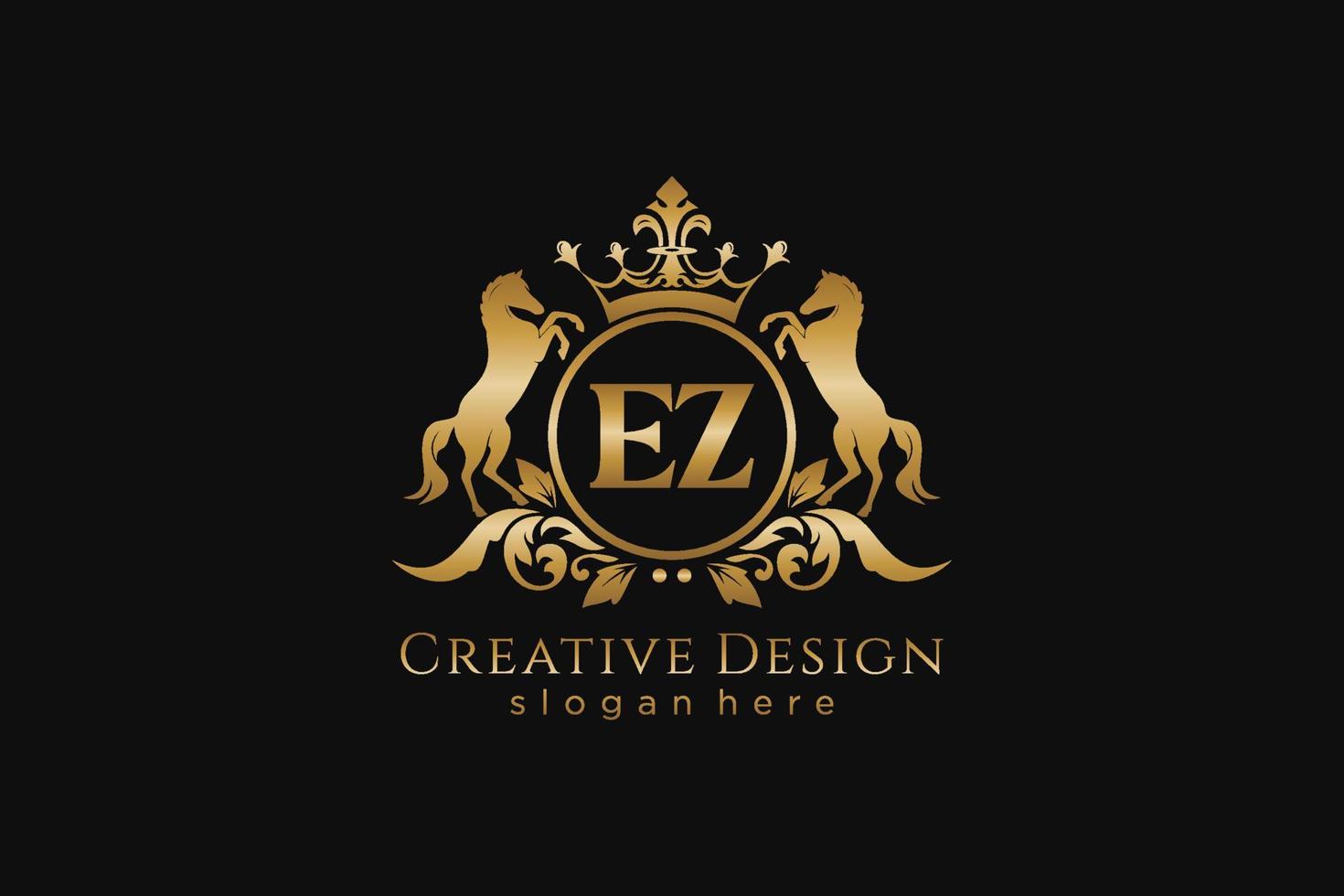 initial EZ Retro golden crest with circle and two horses, badge template with scrolls and royal crown - perfect for luxurious branding projects vector