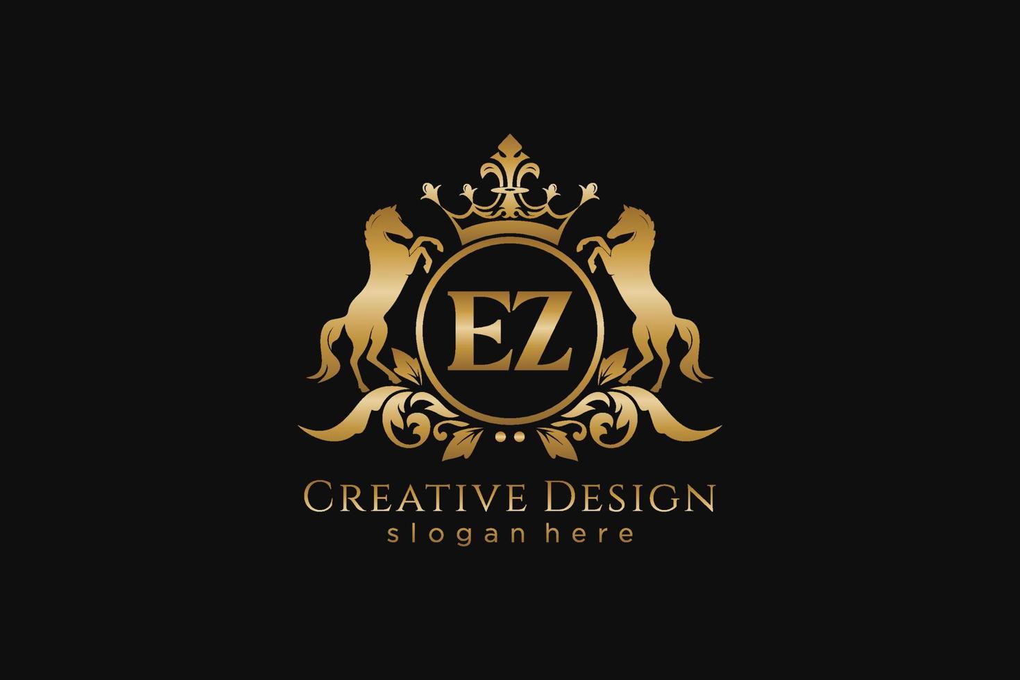 initial EZ Retro golden crest with circle and two horses, badge template with scrolls and royal crown - perfect for luxurious branding projects vector