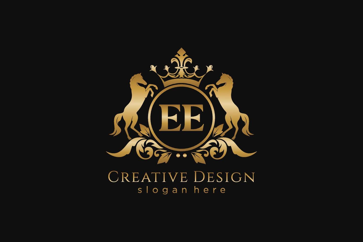 initial EE Retro golden crest with circle and two horses, badge template with scrolls and royal crown - perfect for luxurious branding projects vector