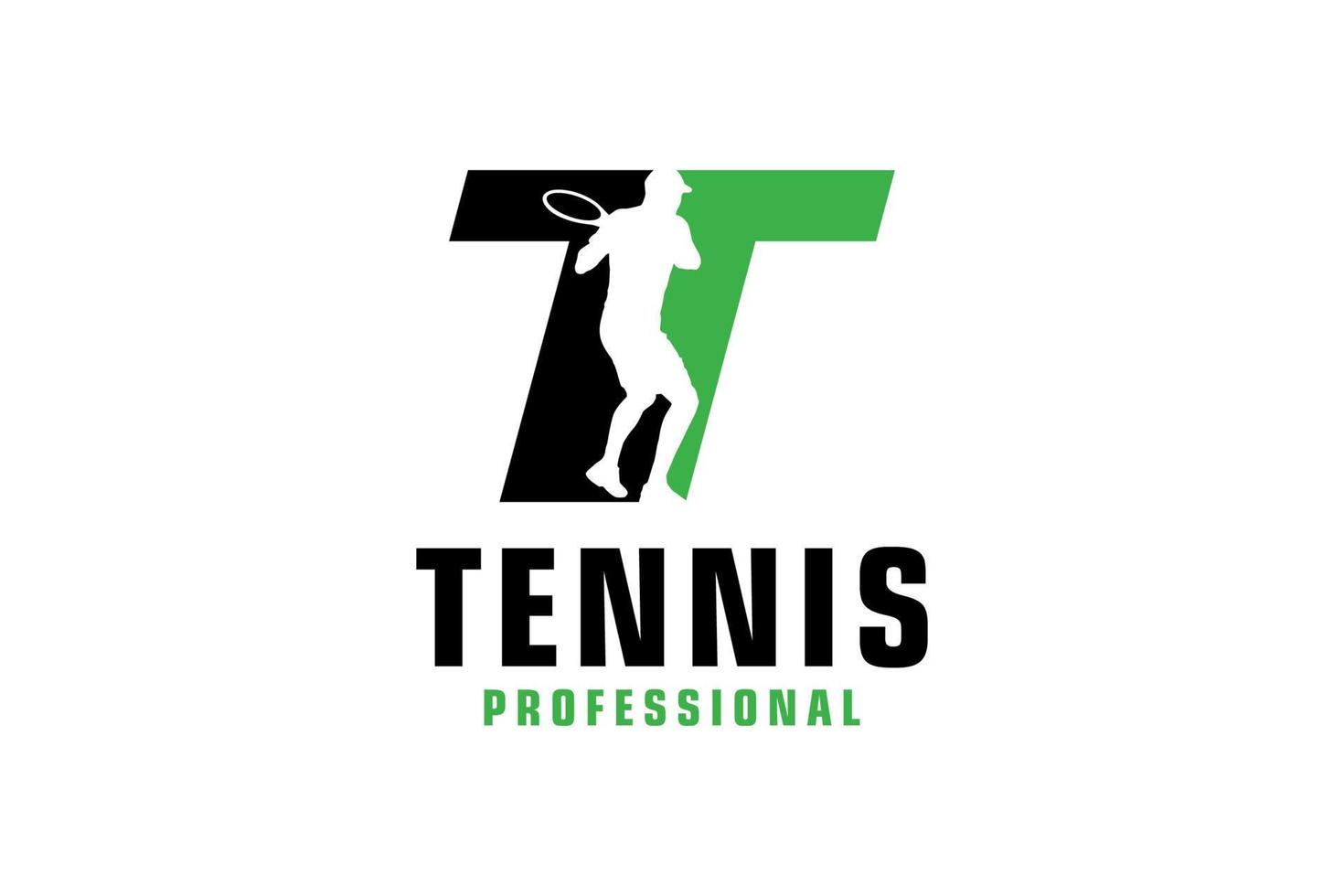 Letter T with Tennis player silhouette Logo Design. Vector Design Template Elements for Sport Team or Corporate Identity.