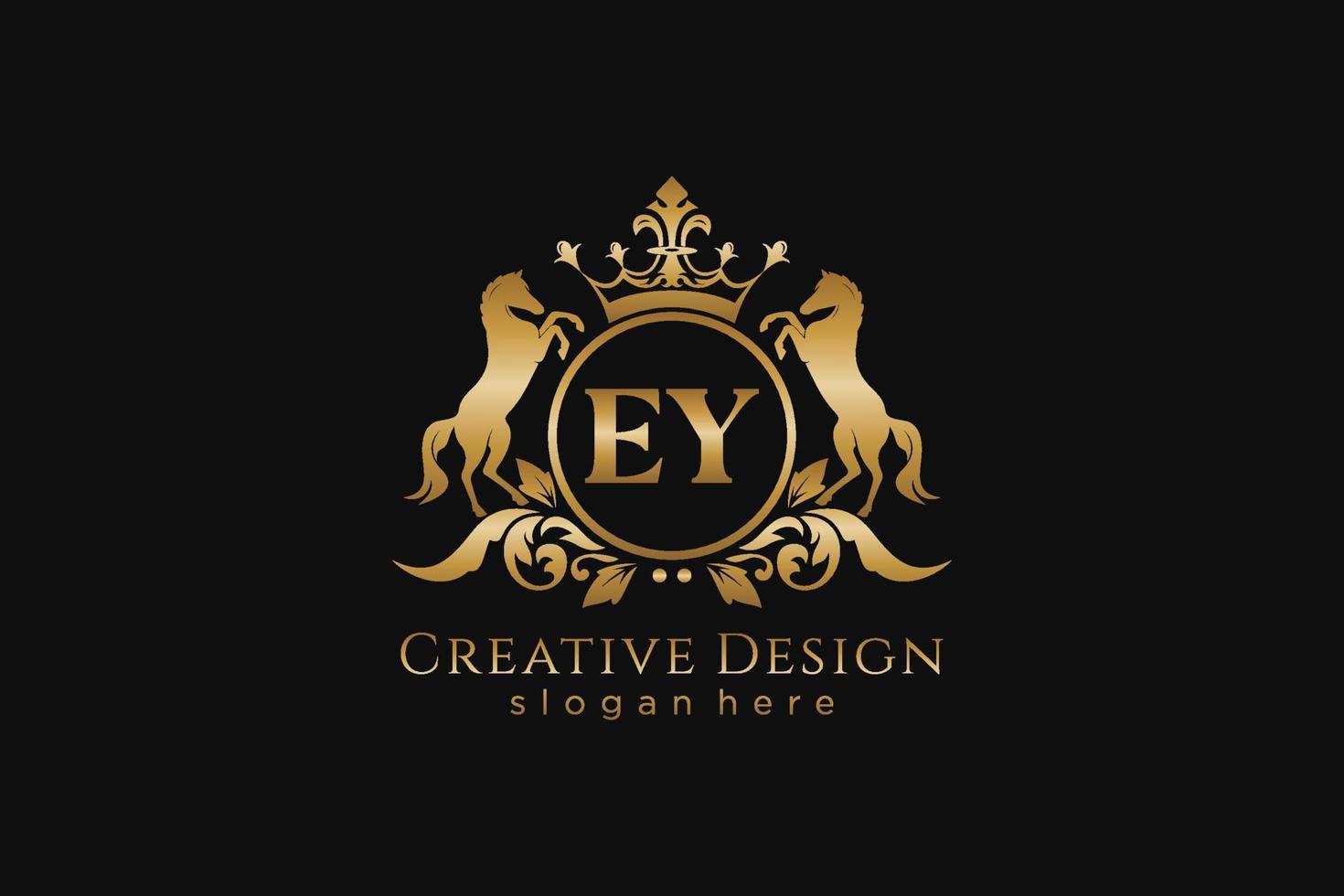 initial EY Retro golden crest with circle and two horses, badge template with scrolls and royal crown - perfect for luxurious branding projects vector