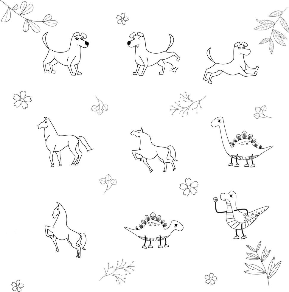 traditional vector illustration.cute animal doodle set. can be used for coloring book
