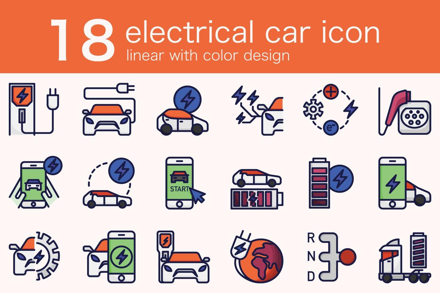 conjunto de auto eléctrico ev en lineal mínimo con diseño de color vector