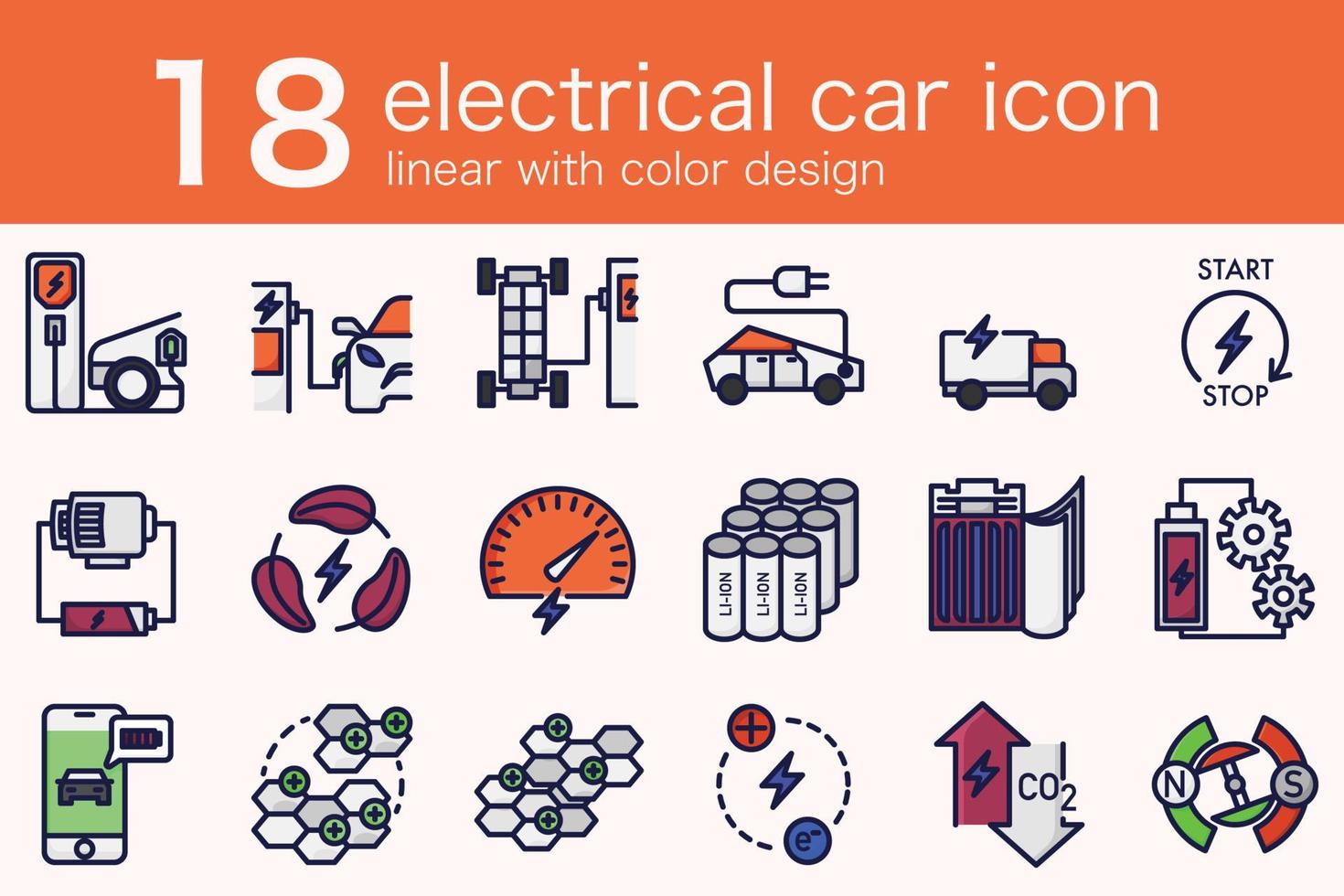 set of electrical ev car in minimal linear with color design vector