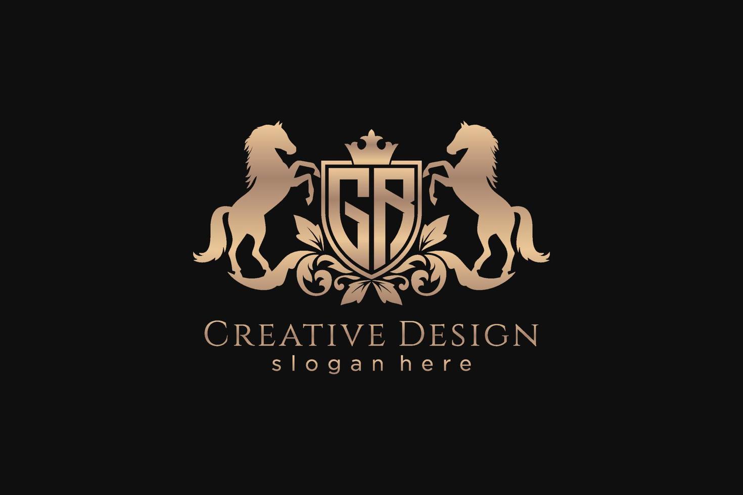 initial GR Retro golden crest with shield and two horses, badge template with scrolls and royal crown - perfect for luxurious branding projects vector