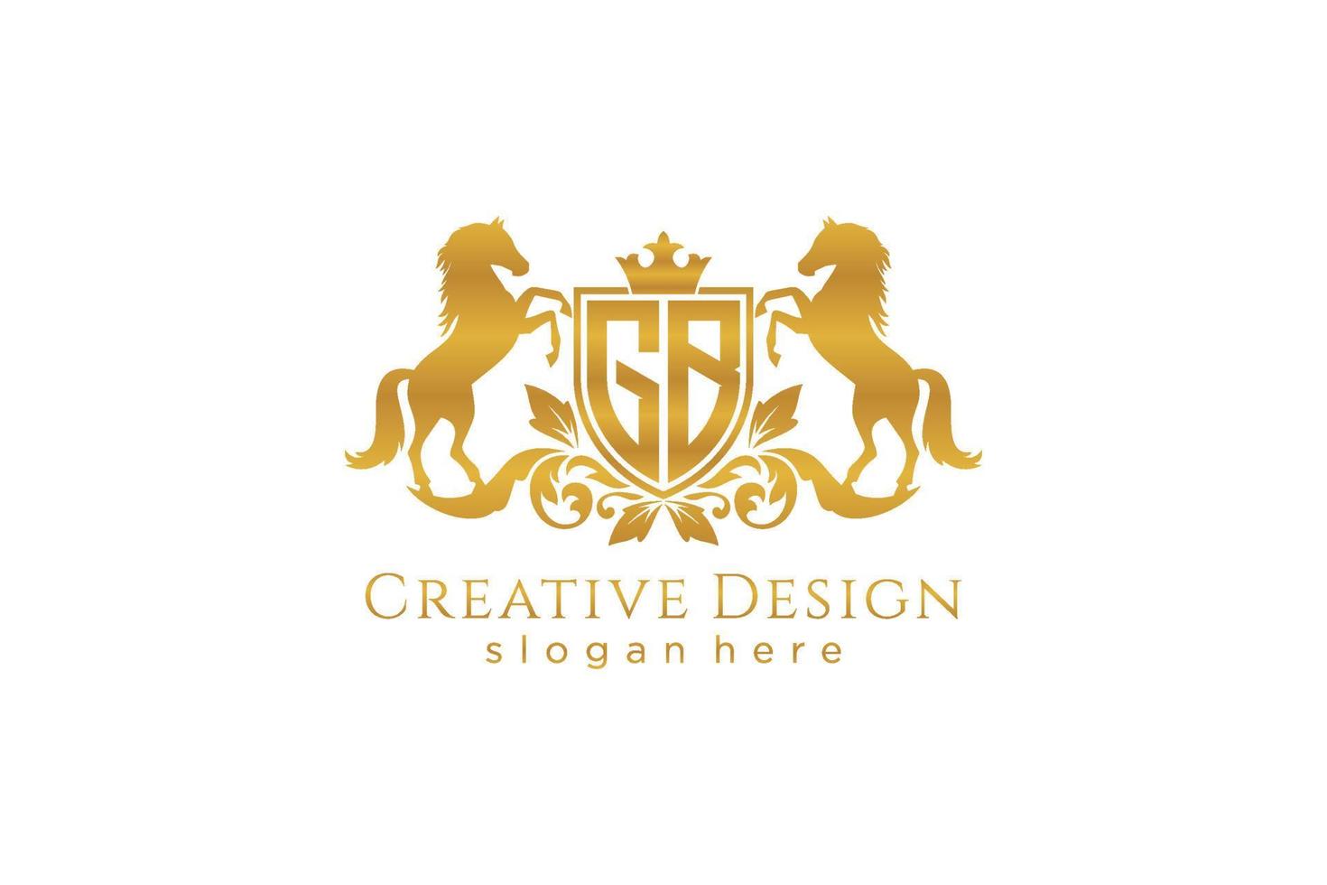 initial GB Retro golden crest with shield and two horses, badge template with scrolls and royal crown - perfect for luxurious branding projects vector