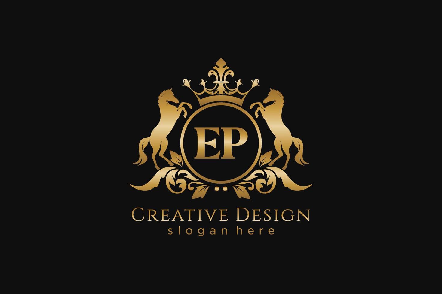 initial EP Retro golden crest with circle and two horses, badge template with scrolls and royal crown - perfect for luxurious branding projects vector