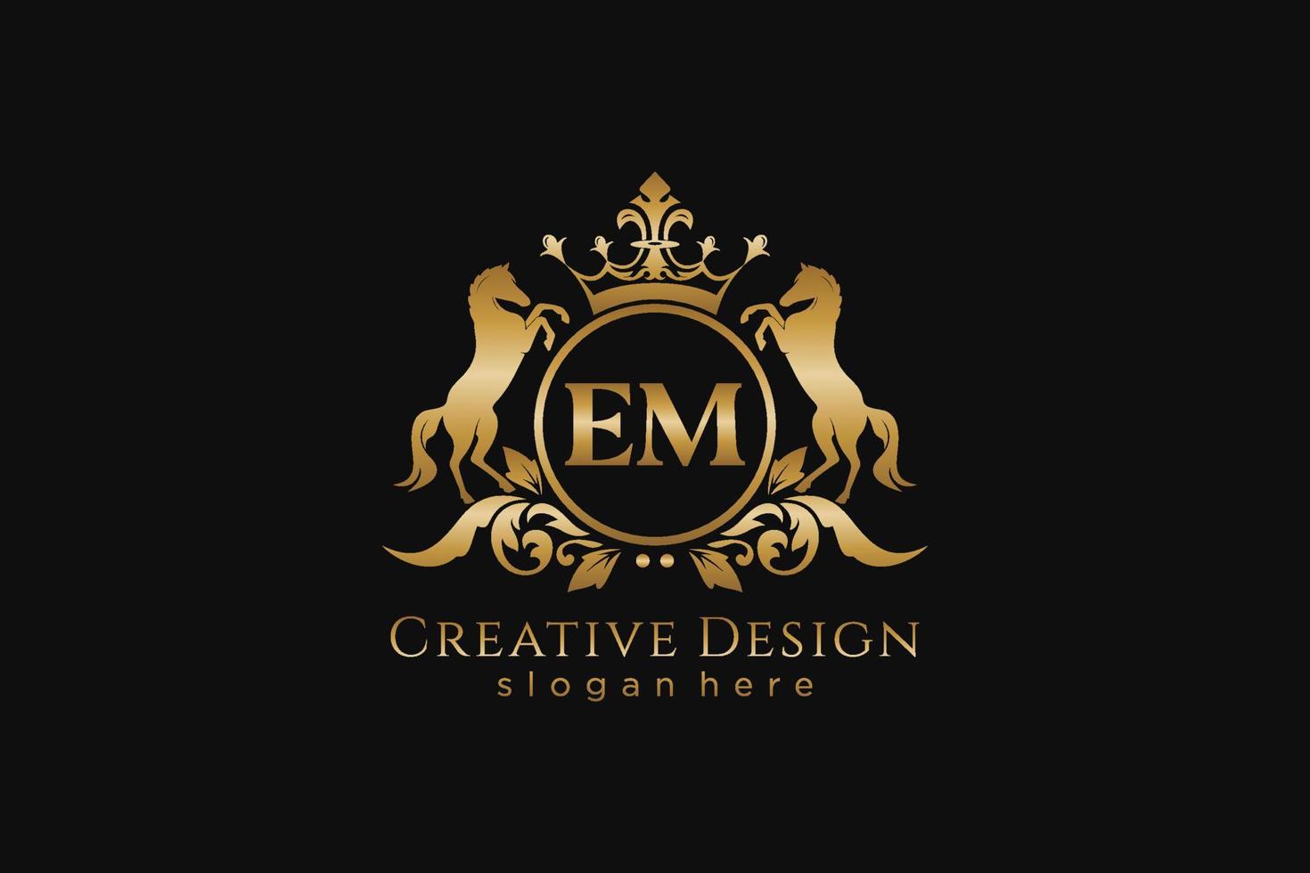 initial EM Retro golden crest with circle and two horses, badge template with scrolls and royal crown - perfect for luxurious branding projects vector