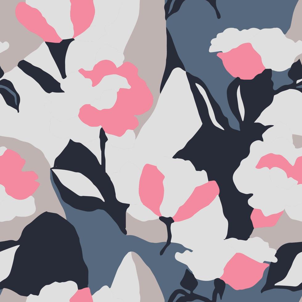 Vector modern flower illustration with color blocking background seamless repeat pattern