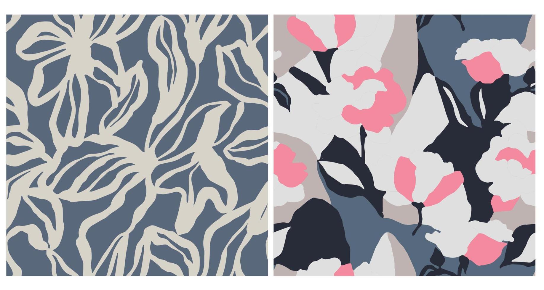 Vector abstract flower and leaf seamless repeat pattern 2 designs set